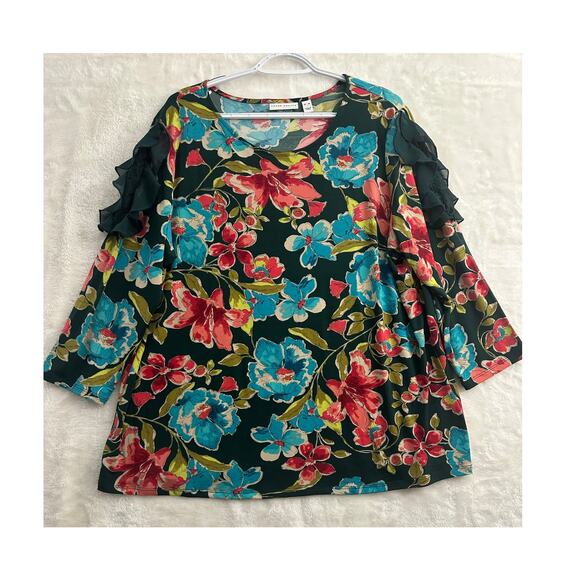 Susan Graver Floral Tunic Top XL Ruffle Sleeve Colorful - Picture 1 of 9